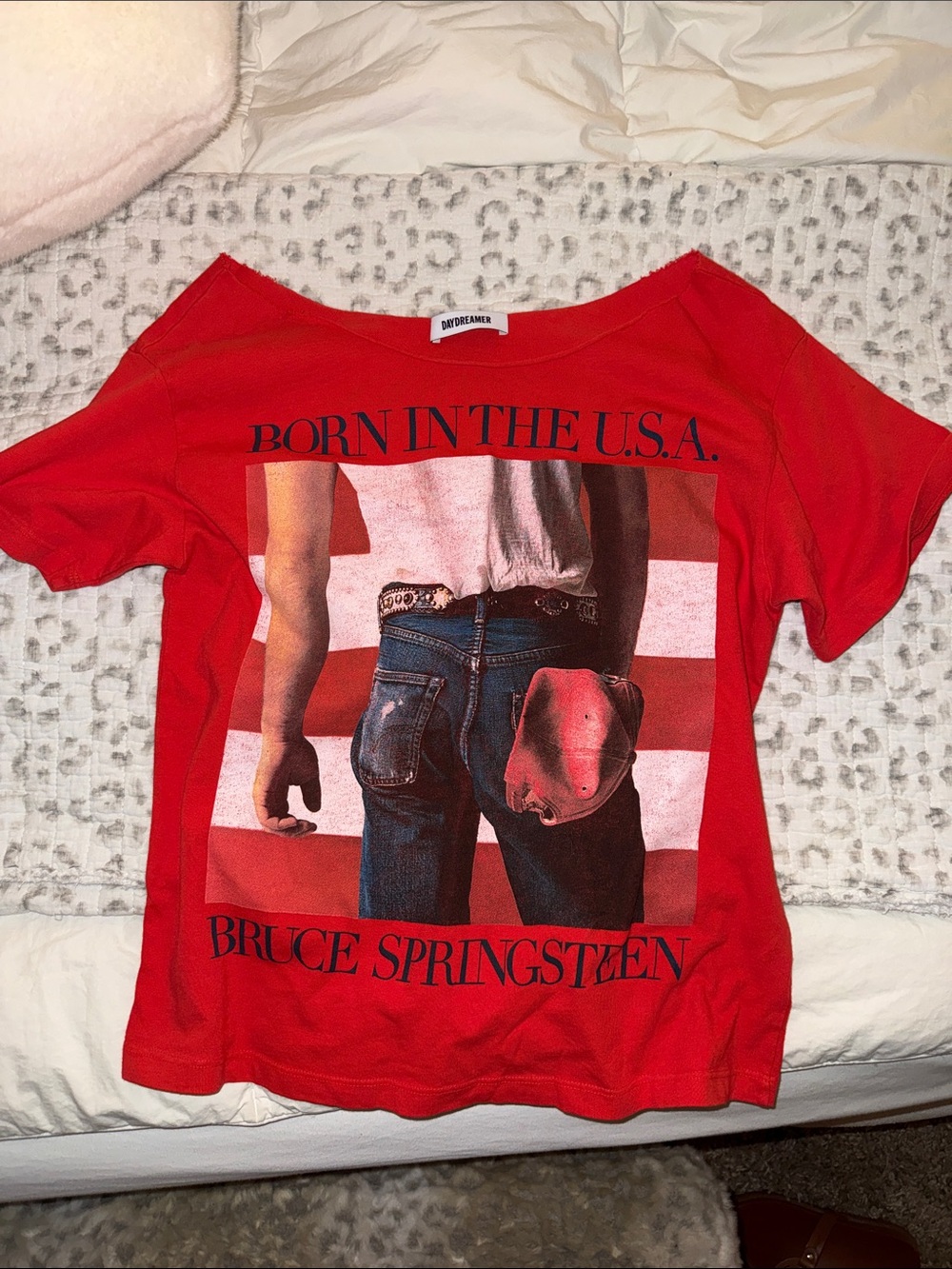 🇺🇸 Bruce Springsteen "Born in the U.S.A." Red Graphic Tee off the shoulder